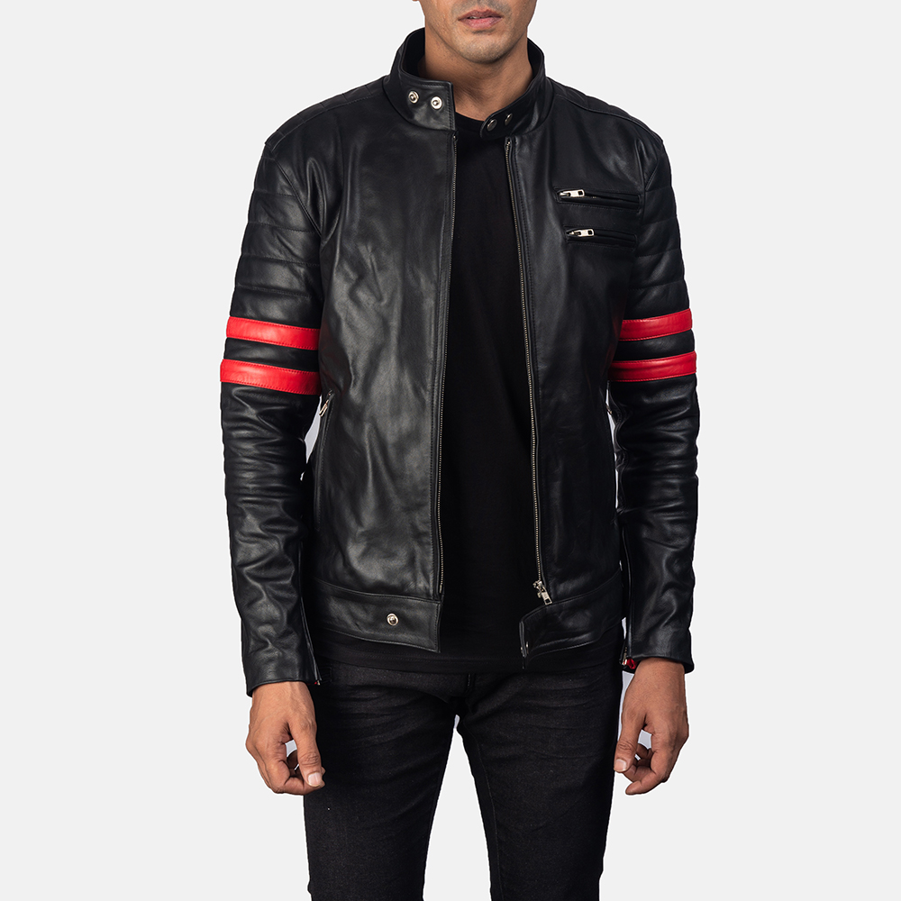Mens Monza Black & Red Leather Biker Jacket